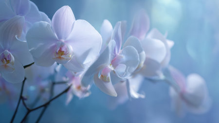 Delicate orchids display their soft purple petals under enchanting blue light creating a tranquil scene.の素材