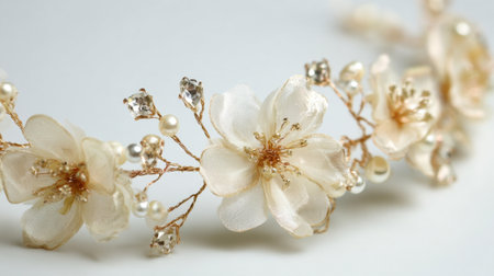 This beautiful hair piece features soft fabric flowers pearls and sparkling gems perfect for celebrations.の素材