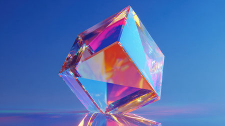 A vibrant crystal cube captures and reflects colorful rays of light in a serene blue setting.の素材