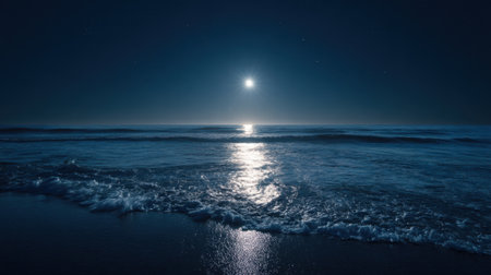 Waves crash softly against the shore under a bright moon creating a peaceful night scene by the ocean.の素材