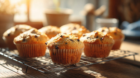 Delicious chocolate chip muffins are cooling on a wire rack in a warm kitchen, with sunlight streaming in, creating a cozy atmosphere perfect for baking.の素材