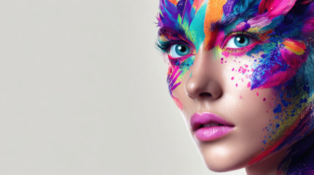 A model displays striking face paint in bright hues emphasizing artistic expression and beauty.の素材
