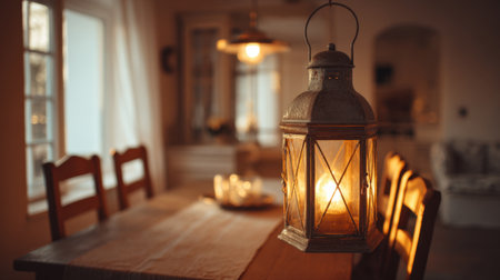 Soft light from an antique lantern illuminates a wooden table creating a warm inviting atmosphere.の素材