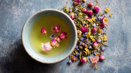 A bowl filled with fragrant herbal tea rests among scattered dried flowers creating a calming scene.の素材