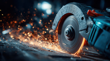 A powerful grinding tool creates sparks while working on metal in a dimly lit workshop.の素材