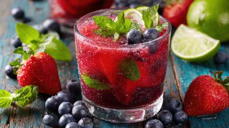 A vibrant drink made with strawberries, blueberries, and mint sits on a rustic wooden table. Fresh limes and more berries surround the glass, showing a delightful summer refreshment.の素材