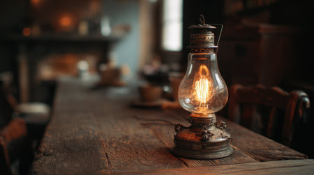 A vintage oil lamp casts a soft glow over a wooden table creating a warm atmosphere.の素材