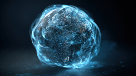 A vibrant digital globe illustrates the planet, emphasizing interconnectedness through glowing lines and data points in a dark background setting. This design reflects modern technology.の素材