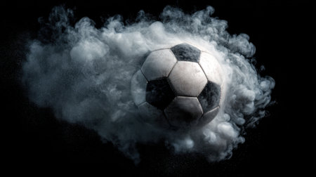 A soccer ball spins rapidly and is partially obscured by white smoke, creating an intense and energetic atmosphere. The dark background enhances the dramatic effect of the moment.の素材