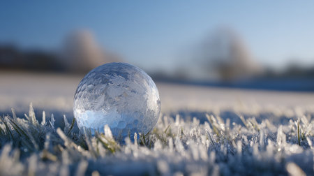 A frosted golf ball sits on a patch of grass covered with frost. The scene captures the beauty of winter with soft morning light illuminating the surroundings, creating a serene atmosphere.の素材