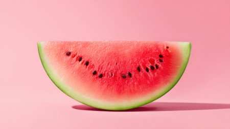 A vibrant watermelon slice displays its juicy red flesh and green rind against a soft pink backdrop. This colorful fruit is ideal for summer picnics and healthy snacks.の素材