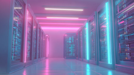 A high-tech data center features rows of servers bathed in neon blue and pink lights. The clean lines and futuristic design create a dynamic atmosphere for technology.の素材