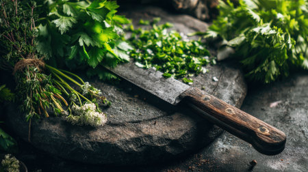 Chopped greens and herbs are arranged with a knife on a rustic stone surface. This scene captures the process of meal preparation in a cozy kitchen environment.の素材