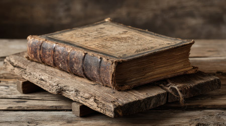 Pages of a weathered book reveal stories of the past resting on a rough wooden plank.の素材