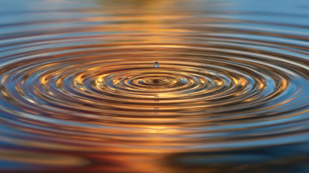 A droplet descends onto the surface of tranquil water, creating concentric ripples that reflect warm colors of the sunset. The scene showcases nature's peaceful moments.の素材