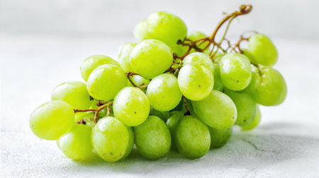 A bunch of fresh green grapes lies on a light surface, highlighting their shiny skin and plump shape. This close view captures their fresh appeal, perfect for healthy snacking.の素材