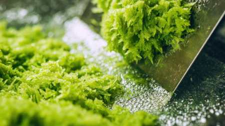 Bright green herbs are finely chopped on a shiny cutting board. The kitchen has natural lighting, creating a lively perfect atmosphere for cooking.の素材