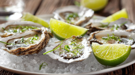 This dish features freshly shucked oysters presented on a bed of ice. Lime wedges are included, highlighting the freshness of the seafood for diners at a restaurant.の素材