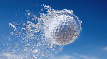 A golf ball splashes into water, sending droplets flying against a clear blue sky. This exciting moment captures the thrill of golf and the joy of summer activities.の素材
