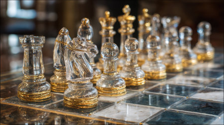 A beautifully crafted crystal chess set sits on a polished table with alternating marble tiles. The pieces shine in a warm, inviting light, creating a sophisticated atmosphere.の素材