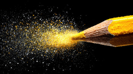 A yellow pencil is sharply focused as it produces fine yellow dust. The contrast of the vibrant color against the dark background highlights the motion and texture of the scene.の素材