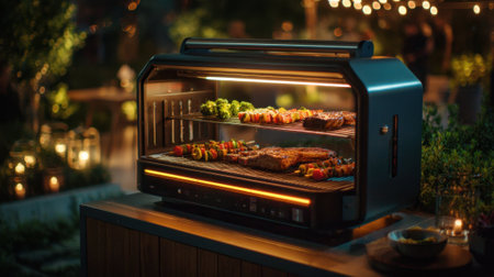 Steaks and colorful vegetables sizzle on an outdoor grill, surrounded by soft lights and lush greenery, creating a welcoming atmosphere for evening dining.の素材