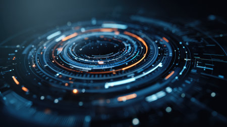 Brightly colored concentric circles create a mesmerizing pattern, representing advanced technology and digital design in a creative abstract visualization.の素材