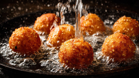 Golden brown balls fry in bubbling oil while water splashes, creating a lively scene in a dimly lit kitchen. The atmosphere is rich with the scent of fried food, promising deliciousness.の素材