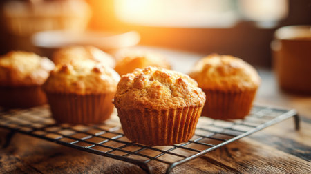 Delicious muffins rest on a wire rack in a warm, inviting kitchen. The soft light of golden hour highlights the freshly baked treats, creating a homely atmosphere.の素材