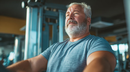 A man with gray hair is engaging in strength training at a gym. He looks focused and determined while using fitness equipment in the morning hours.の素材
