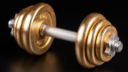 A sturdy dumbbell featuring shiny gold weights sits on a black surface. This lifting tool is essential for strength training and muscle building activities at home or in the gym.の素材