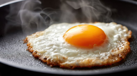 A freshly cracked egg sizzles in a hot skillet, steam rises as the yolk sits perfectly in the center. The kitchen exudes warmth and comfort, ideal for breakfast preparation.の素材