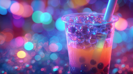 A cup of bubble tea is filled with colorful tapioca pearls and a straw, sitting against a backdrop of shimmering lights in a vibrant, energetic environment.の素材