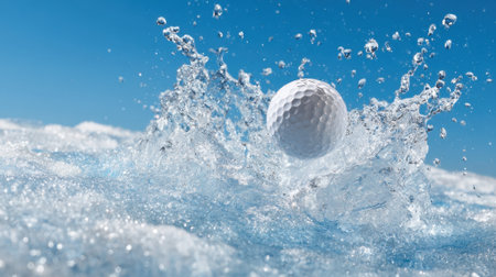 A golf ball strikes the water, sending droplets high into the air. The bright blue sky and shimmering surface enhance the lively scene during a sunny afternoon.の素材