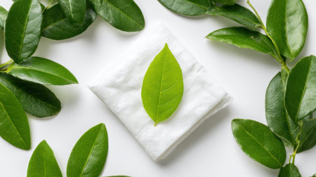 A fresh green leaf rests on a white napkin, surrounded by larger green leaves, creating a natural and calm atmosphere in a bright environment.の素材