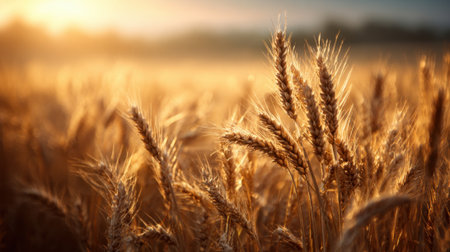 Wheat stalks sway gently in the evening breeze as the sun sets, casting a warm glow over the expansive fields. The scene captures the peaceful beauty of nature's bounty during harvest season.の素材