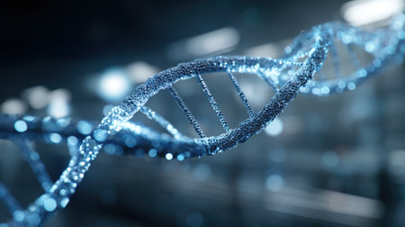 A detailed representation of a DNA strand is highlighted with sparkling particles in a dark, modern lab environment. The image captures the elegance of molecular biology at work.の素材