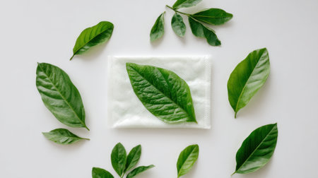 Fresh green leaves are carefully placed around a white cloth on a light surface, creating a clean and inviting design. This arrangement highlights nature's beauty.の素材