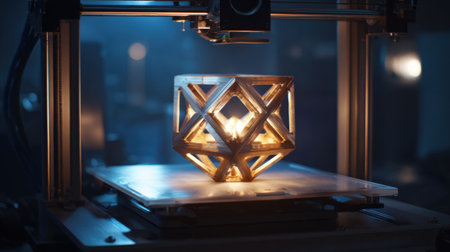A 3D printer works on a detailed geometric lamp design made of wood. The scene is illuminated by ambient lighting, highlighting the craftsmanship in a workshop.の素材