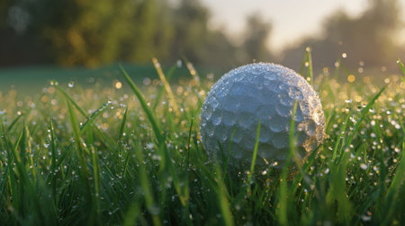A golf ball sits amid dew-kissed grass on a peaceful morning at a golf course. The sunlight highlights droplets, creating a serene atmosphere for players.の素材