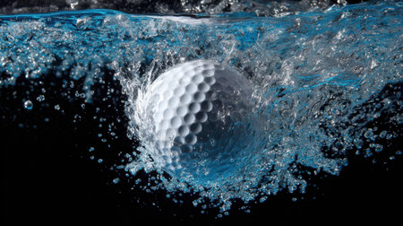 A golf ball plunges into clear water, splashing and sending bubbles upward. The scene captures the vibrant blue hues of the water against the dark background, highlighting the action.の素材