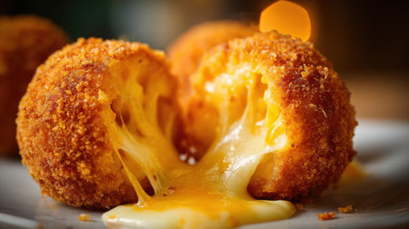 Deliciously golden fried cheese balls oozing with melted cheese, served on a white plate. Perfect appetizer at a casual restaurant, enjoyed in warm lighting.の素材