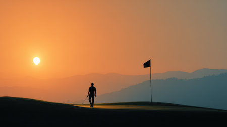 A golfer walks towards the flag under a vibrant sunset, silhouetted against the horizon. The scene captures the peace of an evening on the course.の素材