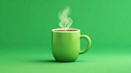 A bright green mug with steam rising sits on a matching green background inviting warmth.の素材