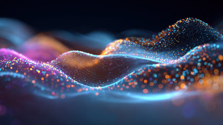 A mesmerizing scene showcases vibrant waves of light undulating across a dark space, with sparkling particles adding depth and enchantment to the digital landscape.の素材