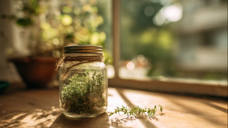A glass jar filled with vibrant moss and fresh herbs sits on a wooden table bathed in warm sunlight. The scene captures a peaceful indoor moment of nature's beauty.の素材