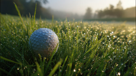 A golf ball sits on lush green grass covered in morning dew. The sun is rising in the background, casting a warm glow over the peaceful golf course.の素材
