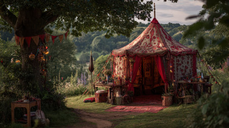 A vibrant tent with floral patterns and colorful decorations sits in a peaceful green field. Soft light spills from inside as the sun sets, creating a warm and inviting atmosphere.の素材