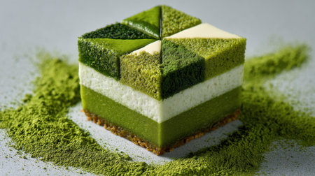 A beautifully crafted matcha cake showcases layers of green hues with a creative design.の素材
