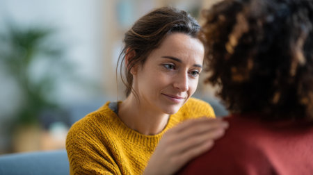 Two friends sit close together in a cozy indoor setting, sharing a meaningful conversation. One friend gently touches the other's shoulder, offering support and care, creating an intimate atmosphere.の素材